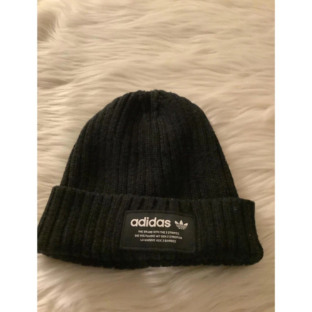 Adidas Originals Black Ribbed Knit Beanie Hat Trefoil Logo Cuffed Unisex
